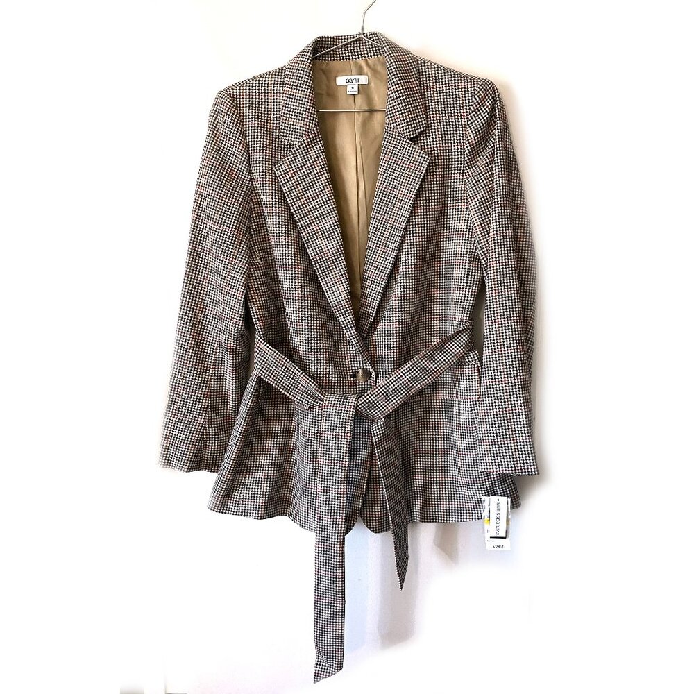 NWT bar III Women's Plaid Tie Waist Blazer Khaki, Brown, M